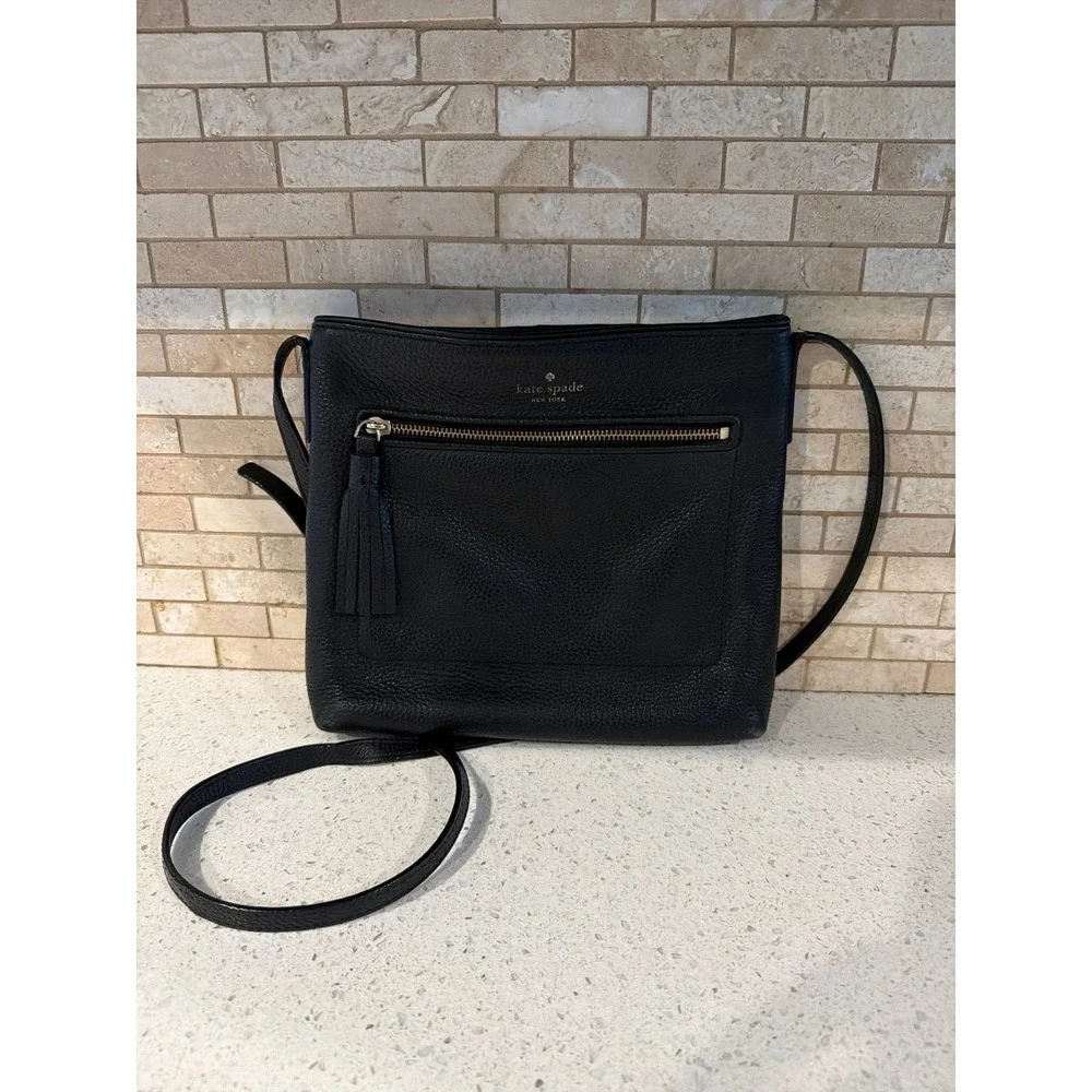 Kate Spade New York Black Pebbled Leather Crossbody Bag Tassel Zip Pocket